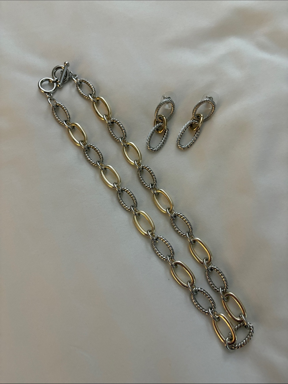 Two-Tone Link Necklace and Matching Drop Earrings - Silver & Gold